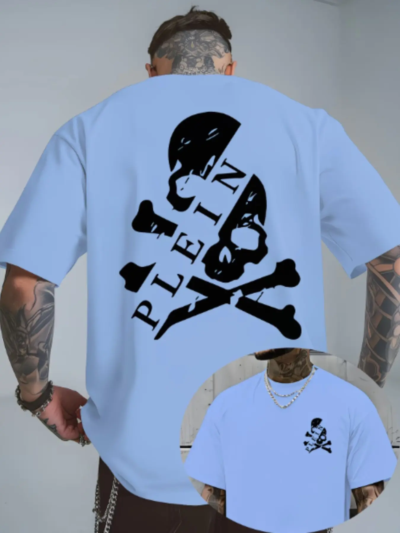 Men's Summer Fashion Streetwear 'plein Skull' Print T-Shirt, Casual Short Sleeve Round Neck, Knit Fabric, Comfortable for Leisure and Home