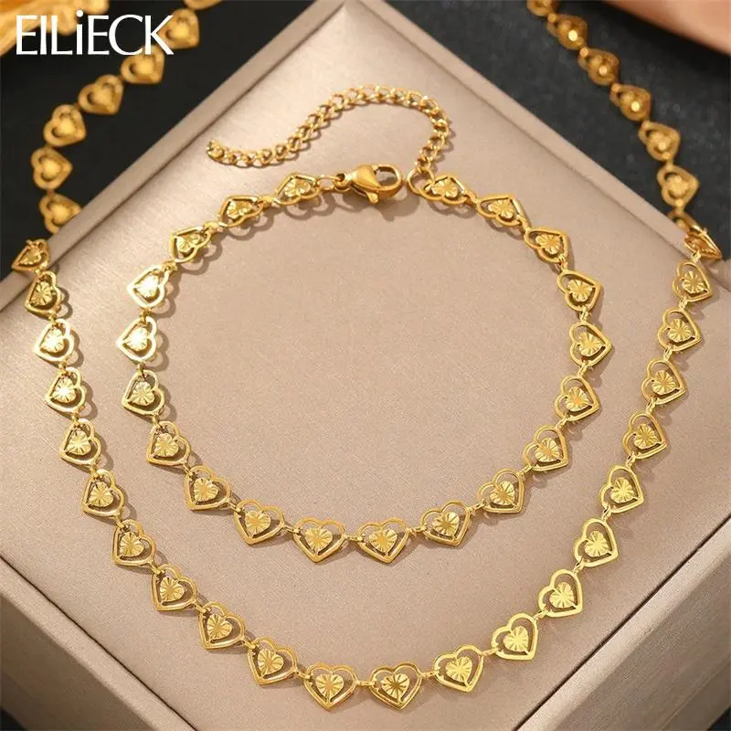 EILIECK 316L Stainless Steel Fashion Trendy Metal Waterproof Heart Chain Necklace Bracelet Set Charm PVD Jewelry Set Bijoux