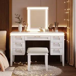 48" Vanity Desk Set with Mirror and Lights, Makeup Vanity Table with 7 Drawers and Cushioned Stool, Classic Beige Finish Dressing Table with Hollow Design Drawer for Bedroom, Rubber Wood Legs, Light Beige
