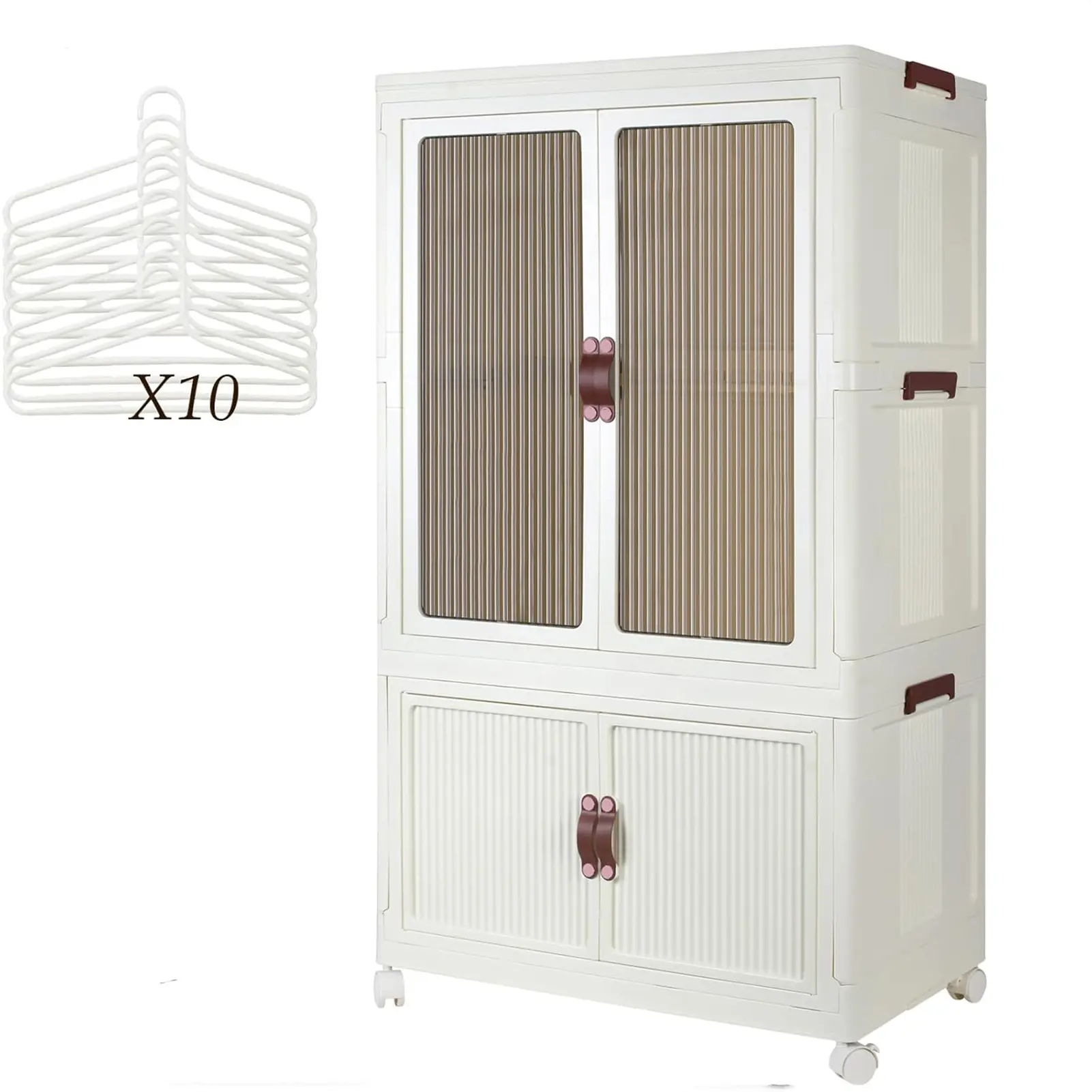 Portable Closet Wardrobe for Hanging Clothes, Folding Stackable Closet with Lid, Wheels and Hanging Rod Folding Storage Box, 1 Hanging Area（Beige)