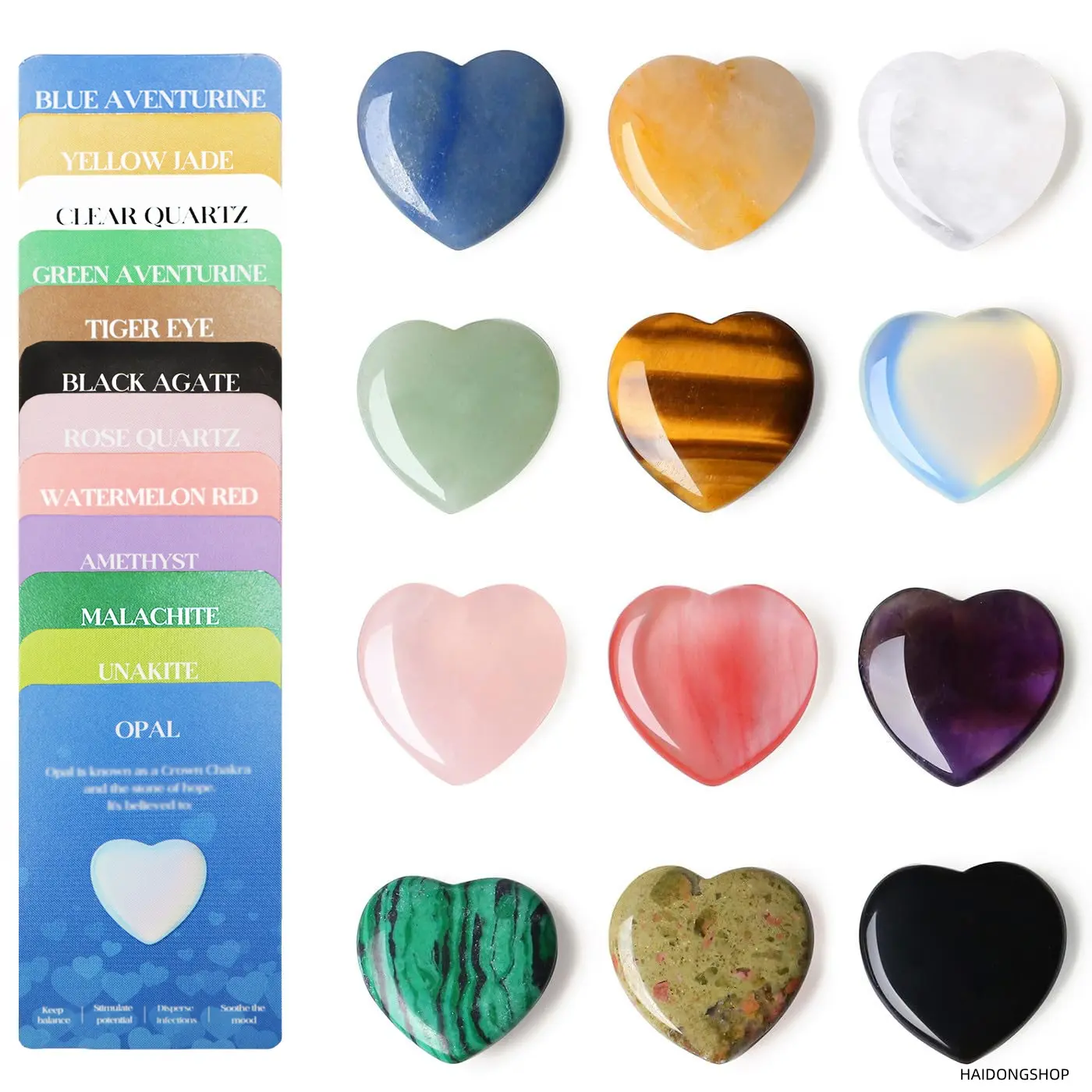 Heart Healing Crystal Set, 12 pcs, 1 inch polished mixed natural gemstones bulk kit with rose quartz and amethyst, smooth heart-shaped spiritual energy stones, ideal Reiki meditation manifestation gift for crystal collectors