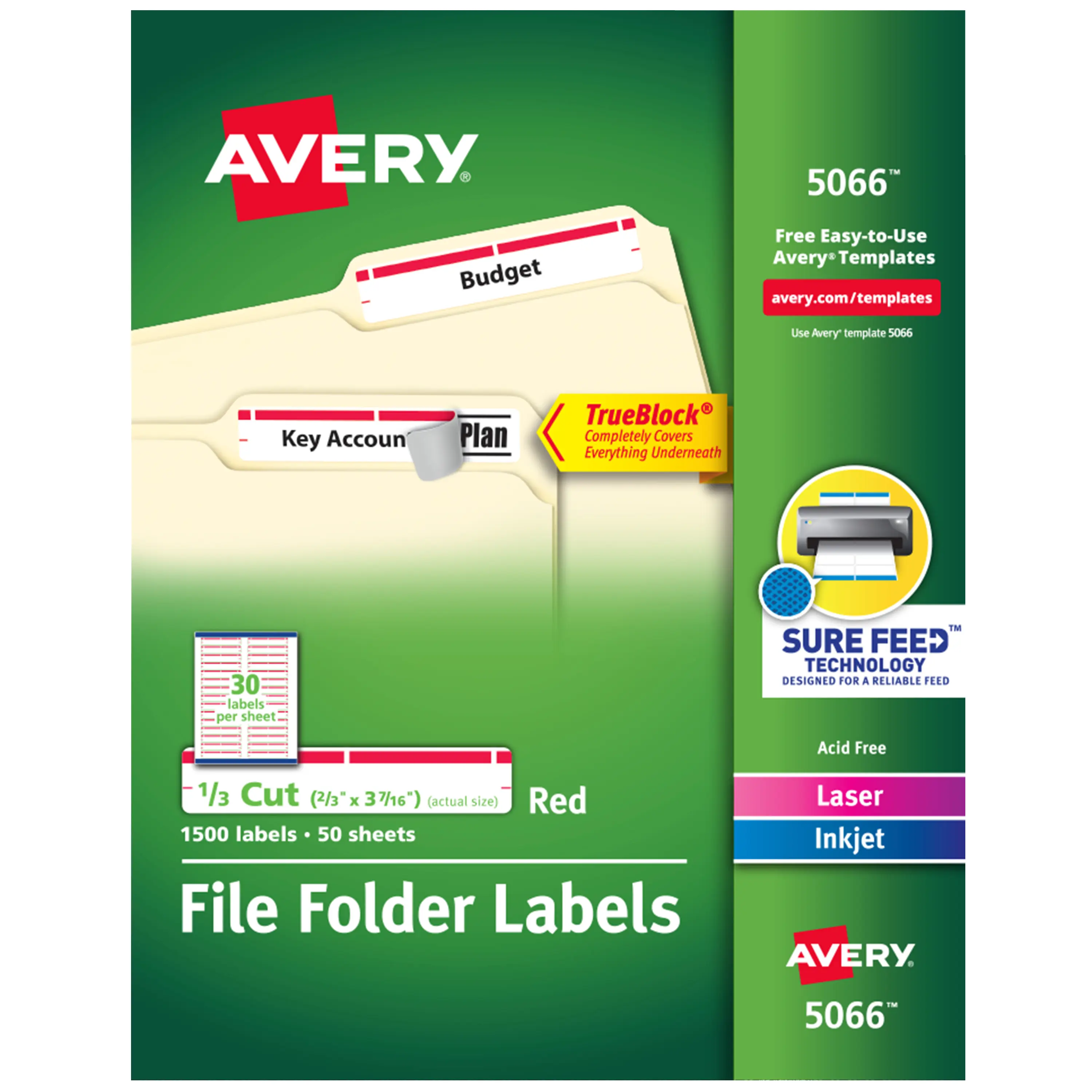 Avery TrueBlock Custom Label Stickers, 2/3" x 3-7/16" Permanent File Folder Labels, 1,500 Printable White/Red (5066), Custom Labels, Label Sticker