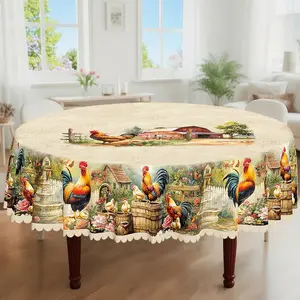 1pc, Rooster Themed Party Tablecloth, Spring Summer Chick Flower Country Farmhouse Style Printed Design, Rectangular/Round/Oval Table Cloth, Embossed Edges, Suitable For Picnic Dinner Kitchen Dining Room Decoration