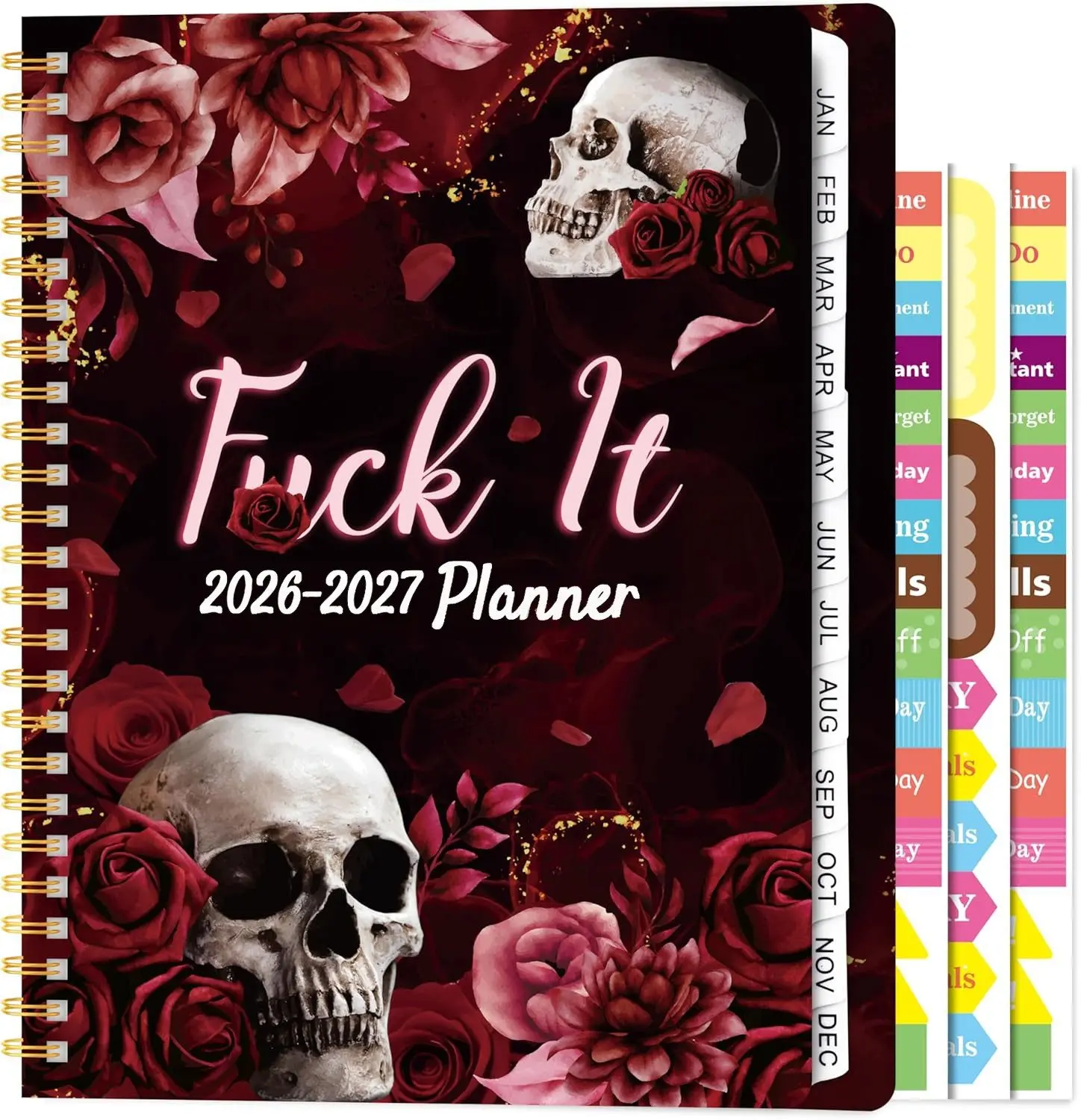 Gothic A5 Skull Print Hardcover 2026-2027 Planner - Office Stationery, Weekly-Monthly Organizer with Character Stickers, Labels, Back Pocket for Students, Office Use