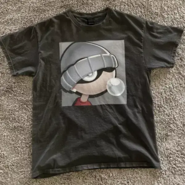Retro Cartoon Character Blowing Bubble‑Gum Washed Dark Grey Streetwear Unisex T‑Shirt