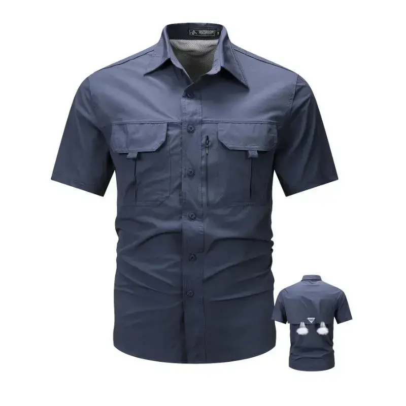 Men'S Summer Casual Cargo Shirt, Nylon 92% Spandex 8% Blend, Short Sleeve, Lapel Collar, Single Breasted, Breathable Stretch Fabric, Solid Color, Big-tall Fit, with Flap Pockets, Outdoor Activities - 120g/m2 Woven Menswear Top Men'S Summer Casual Cargo Shirt, Nylon 92% Spandex 8% Blend, Short Sleeve, Lapel Collar, Single Breasted, Breathable Stretch Fabric, Solid Color, Big-tall Fit, with Flap Pockets, Outdoor Activities - 120g/m2 Woven Menswear Top