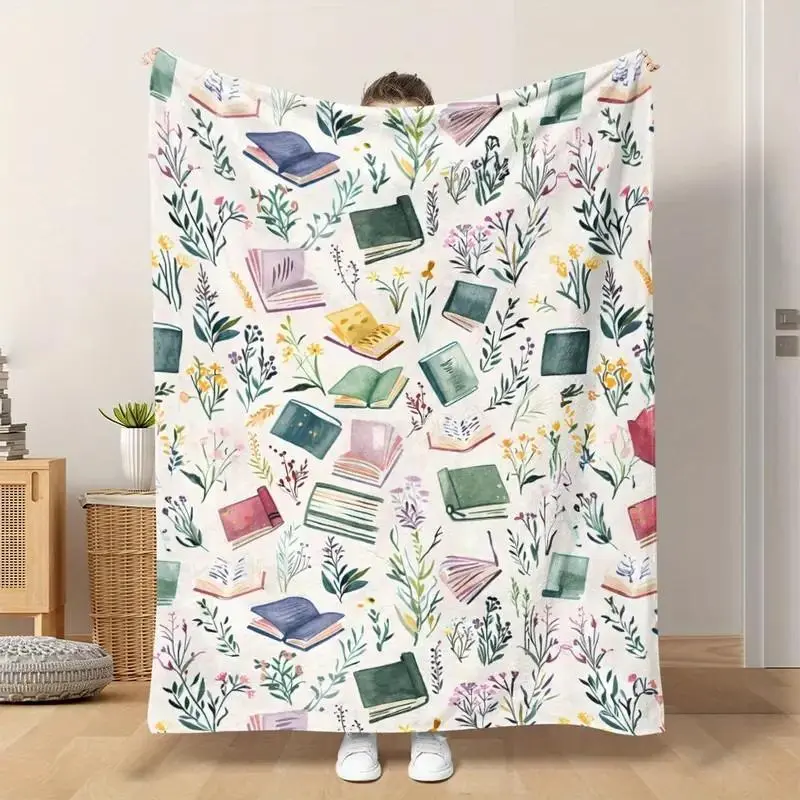 A digital printed flannel blanket with colorful book and wildflower pattern, suitable for sofa, bed, travel, camping, living room, office, warm, comfortable and soft flannel fabric, machine washable, washable, suitable for birthday gifts, various festival