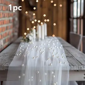 1pc Pearl Beaded Sheer Curtain, Table Runner, Wedding Backdrop, Home Decor, Room Decoration, Birthday Party, Valentine's Day, Party Decoration Supplies