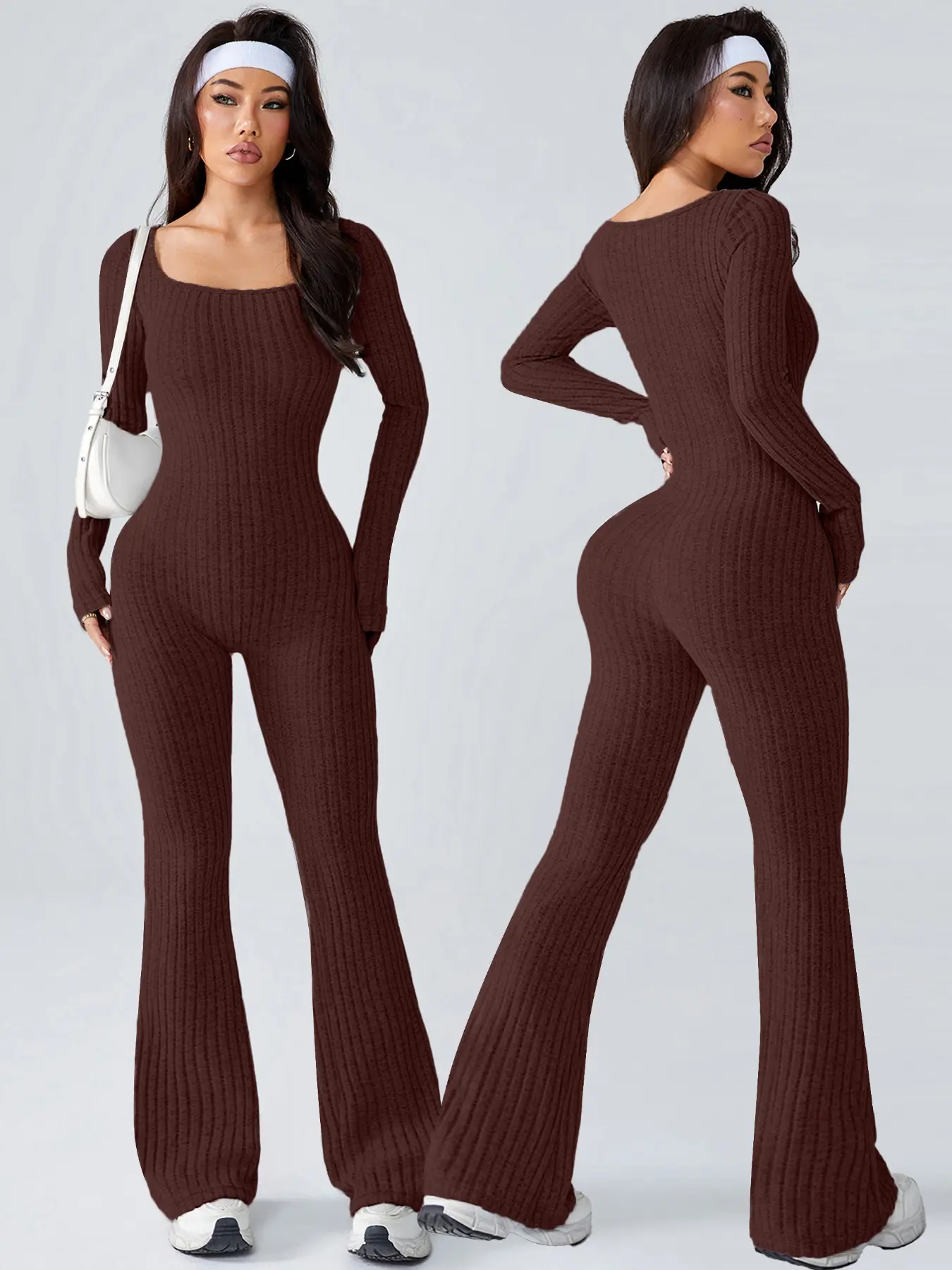Women's Knitted Yoga Jumpsuit Long Sleeve Fall & Winter Sports Onesie, Sexy Plain Design for Yoga, Fitness, Casual Wear, Workout Jumpsuits, Sporty Jumpsuit, Sportswear Jumpsuit