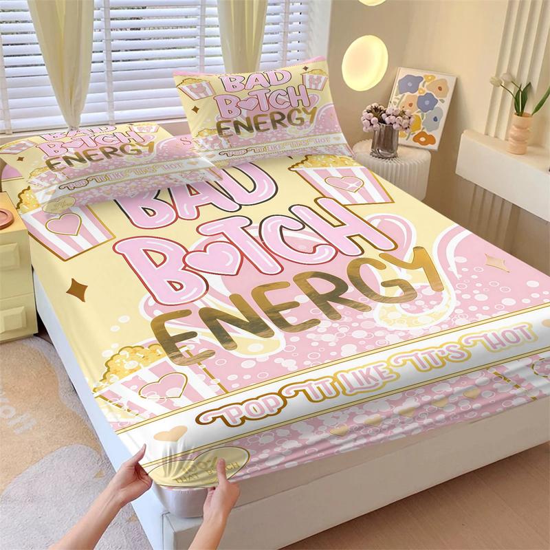 Bad B♥TCH ENERGY Theme Bed Sheet, Fruit/Dessert Pattern Bedding Set, Soft, Comfortable and Easy to Care for Bedding, Made of Allergy Resistant Material All Year Round, Including 1 Bed Sheet and 2 Pillowcases
