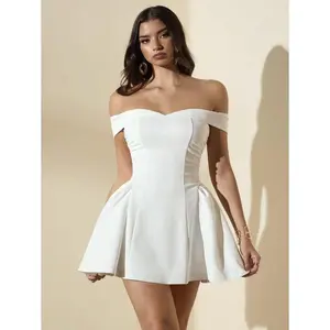 Women's Elegant Off Shoulder Solid White Ruffle A-Line Dress, Fit For Back To School, Birthday, Party, Summer,White Graduation Dress Fabric Formal