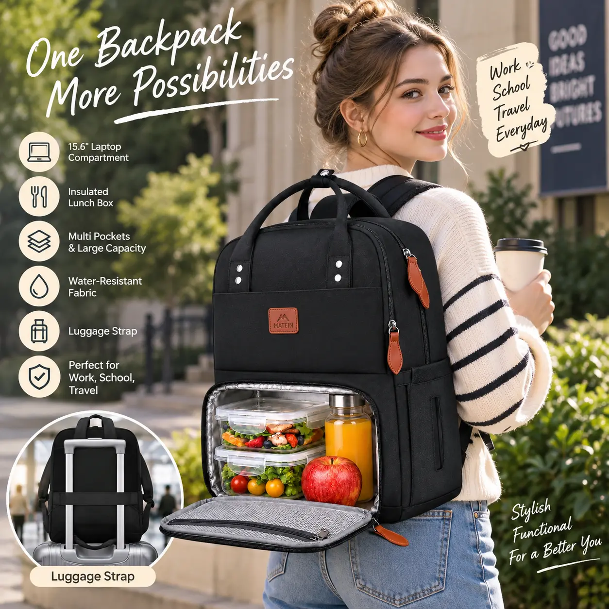 MATEIN Lunch Backpack for Women, 15.6" Laptop Backpack with Insulated Lunch Compartment