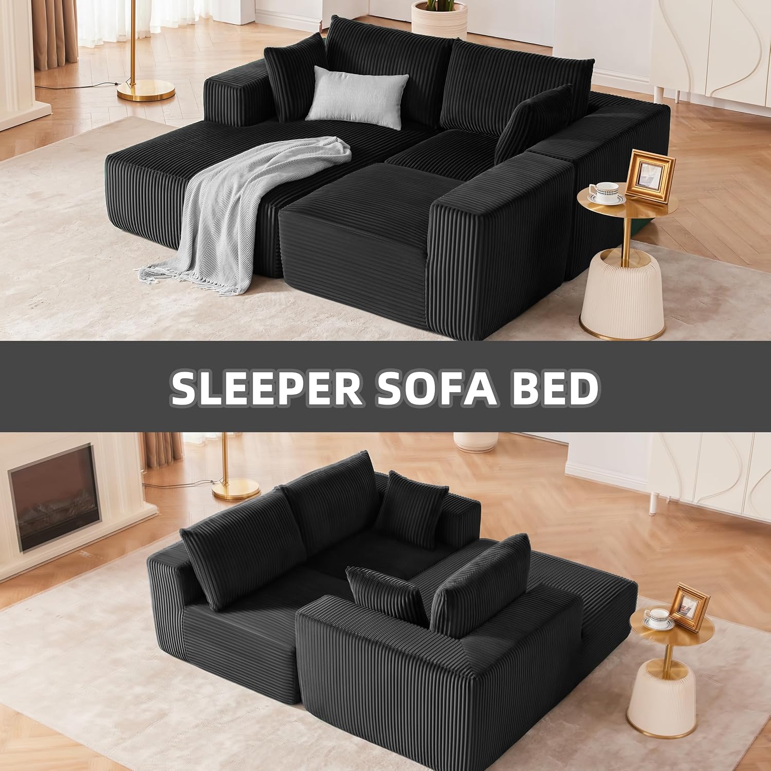 108” Modular Sectional Sofa, Cloud Sectional Couch with Deep Seat, Modern Modular L-Shape Sofa Couch with Chaise,Upholstered Boneless Couches for Living Room Bedroom (Black, Left Facing Chaise)