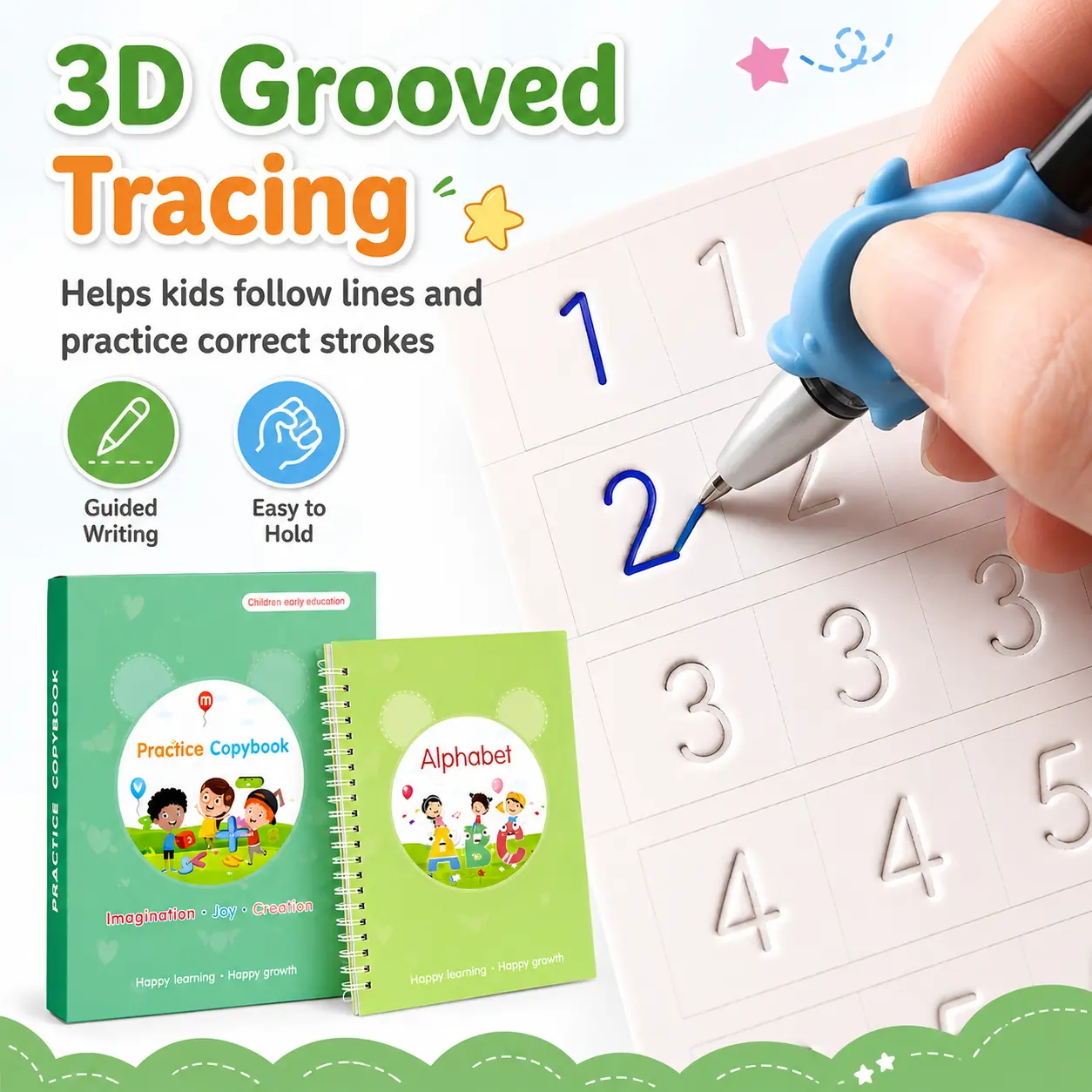 Reusable Magic Tracing Copybook Set for Preschool Kids - Thick Paper, Disappearing Ink, Effective Early Education Tool with Grooved Letters, Numbers, Drawing, Math Exercises, Traveling School Supplies, Holiday/Birthday Gift