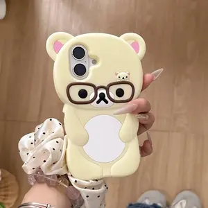 For iPhone 16 15 14 Plus 13 12 Pro Max 11 X Xs Max 7 8 SE 6s 5s Phone Case 3D Cartoon Glasses Rilakkuma Bear Soft Silicone Cover