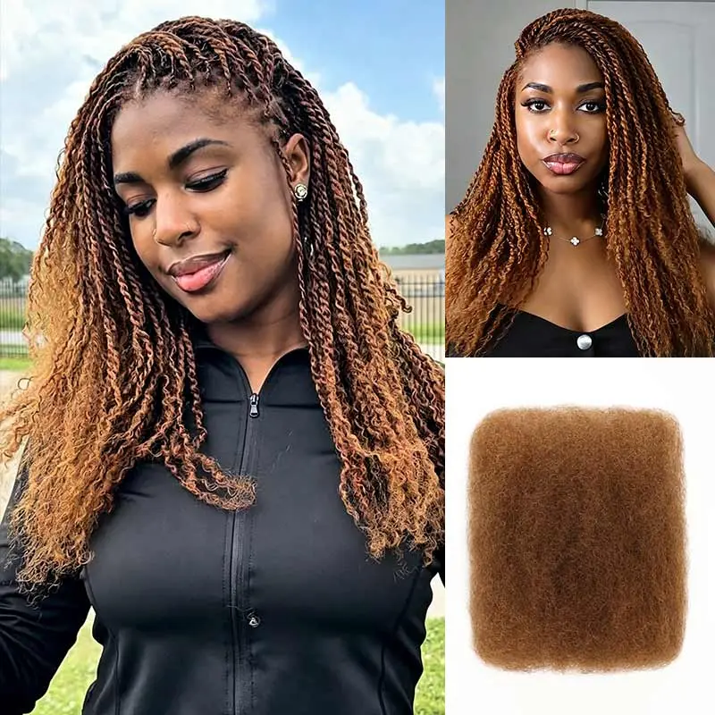 QVR Afro Curly Human Hair Extensions - Kinky Bulk Braiding Hair, Twistable Auburn Extensions for Braids, Twists, Dreadlocks, Afro Curly Hair