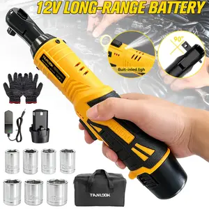 12V Cordless Right Angle Electric Ratchet Wrench Kit, 90° Lithium Powered Ratchet Spanner Built-in LED Light, 7PCSTANLOOK Metric Sockets, 2 Batteries, Charger, Gloves & Carry Bag, Heavy Duty Power Tool For Auto Repair, Truss Build & Mechanical Maintenance