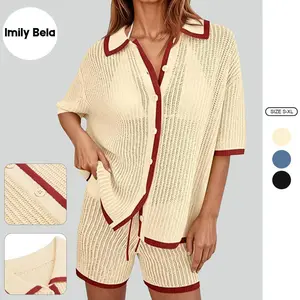 Imily Bela Womens Color Block 2 Piece Outfits Summer Sweater Set Short Sleeve Tops and Shorts Vacation Casual Knit Lounge Sets