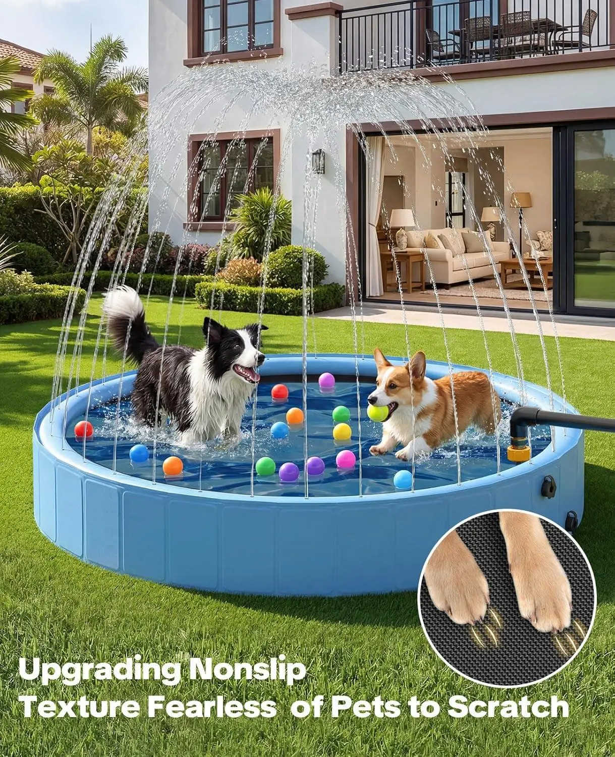 79'' Dog Pool with Sprinkler, Foldable Dog Pools for Large Dogs, 2-In-1 Non-Slip Swimming Pool for Dogs & Kids, Heavy Duty Hard Plastic Pet Bathing Tub for Outdoor Backyard, Blue