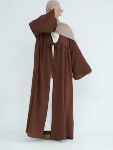 Women's Solid Color Tie Front Open Front Abaya, Modest Casual Long Sleeve Robe for Daily Wear, Ladies Islamic Clothing for All Seasons, Modest Muslim Outfits
