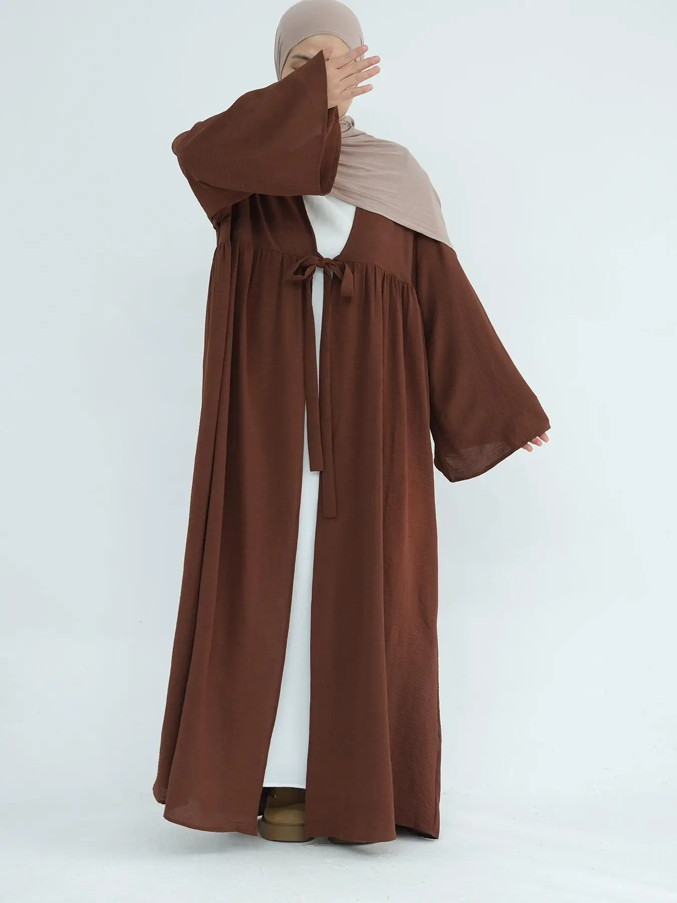 Women's Solid Color Tie Front Open Front Abaya, Modest Casual Long Sleeve Robe for Daily Wear, Ladies Islamic Clothing for All Seasons