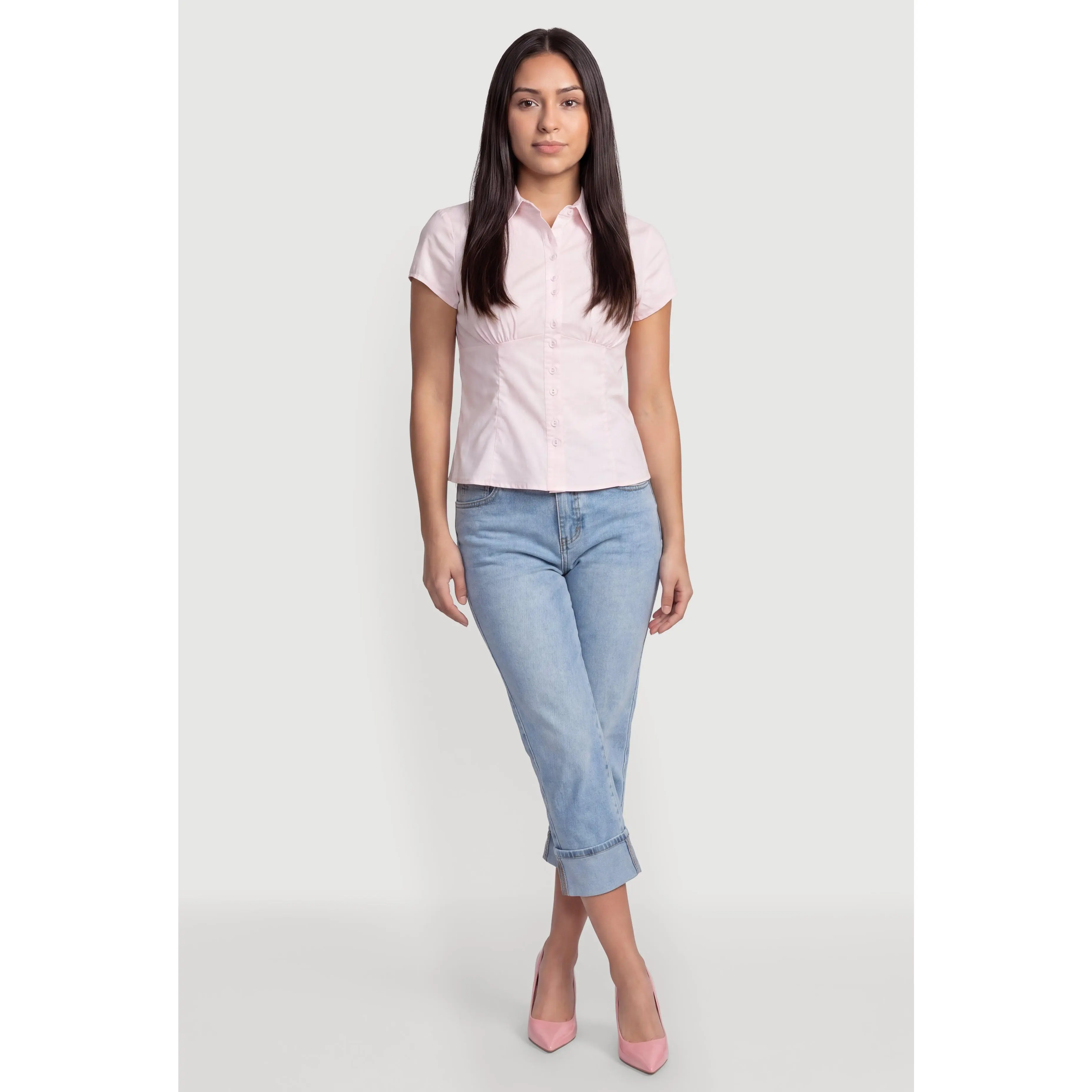 Button Front Short Sleeve Pleated Shirt