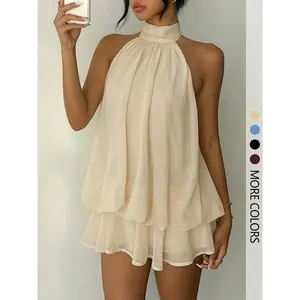 Women’s Simple Solid Backless Halter One-Piece Jumpsuit, Elegant Ruffle Design, Perfect for Casual Wear, All Seasons FashionGARMENTARY