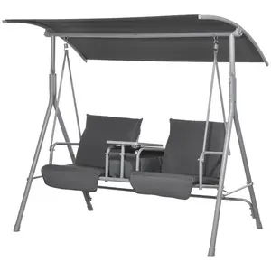 Gray 2-Seater Outdoor Canopy Porch Swing with Side Table - Patio Furniture for Garden, Poolside - Shade Coverage, Drink Storage, Relaxing Seating
