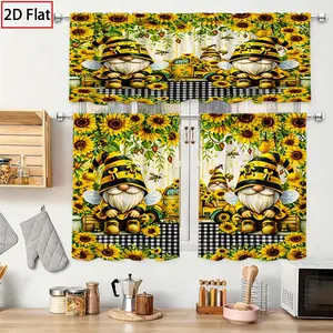 3pcs 2D Flat, Kitchen Curtains with a Cheerful Pattern Featuring Three Yellow and Black Striped Goblins and Sunflowers, Designed for Rod Pocket Hanging. Home Decor, Art Print in 2D Flat Style, Available in Multiple Sizes (rod Not Included). Tier & Valance