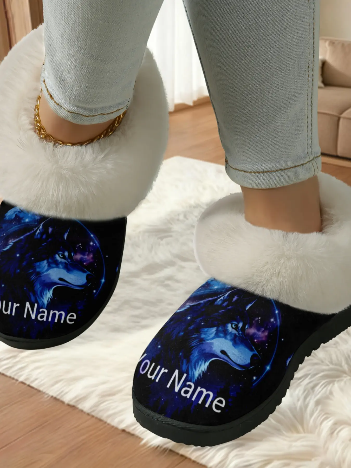 Custom Star Wolf Head Cotton Slippers, Dreamy Personalized Style, Plush Lined Anti-Slip Thick Sole, Home Warm Shoes for Men and Women