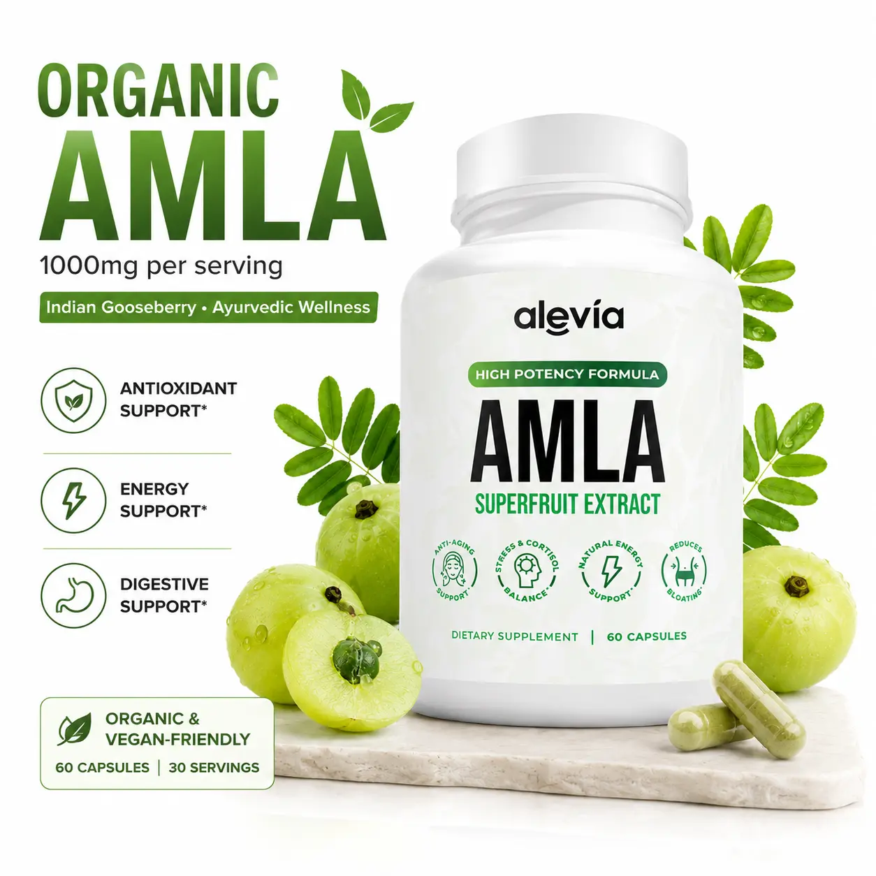 Alevia AMLA Superfruit Extract Capsules, 60 Count, 1000mg Amla Fruit Extract, Daily Nutritional Support, Easy to Take