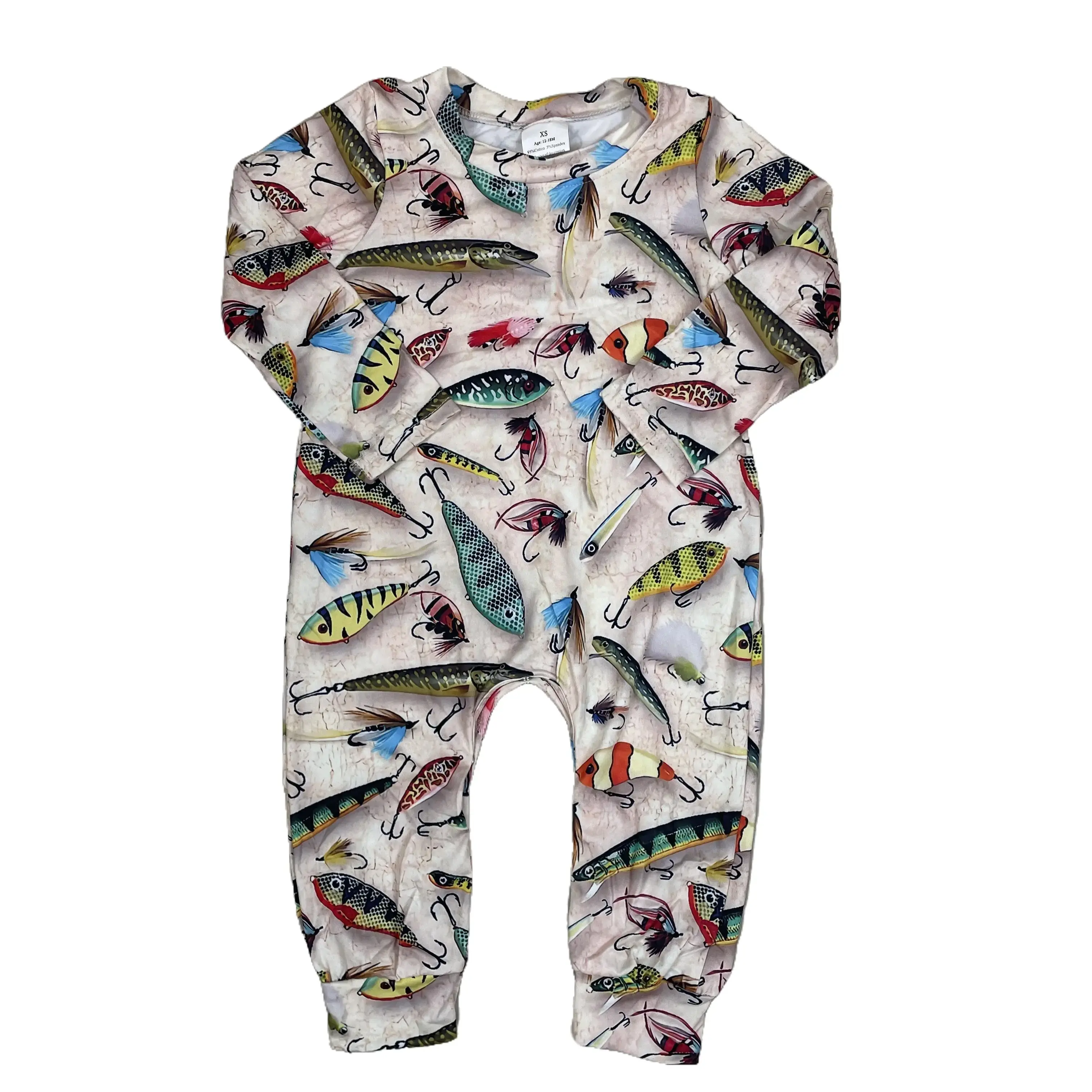 Baby Boy Fish Print Romper, Casual Long Sleeve Cotton Blend Jumpsuit, 1-Piece Newborn Outfits