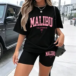 Polyester fiber Trendy Summer Personalized Letter Pattern, Summer Casual Fashion West Coast Malibu-Inspired StreetwearRound Neck T-Shirt with Tight Shorts Two-Piece Set, Women'S Suit, Perfect Daily Wear, Beautiful Gift