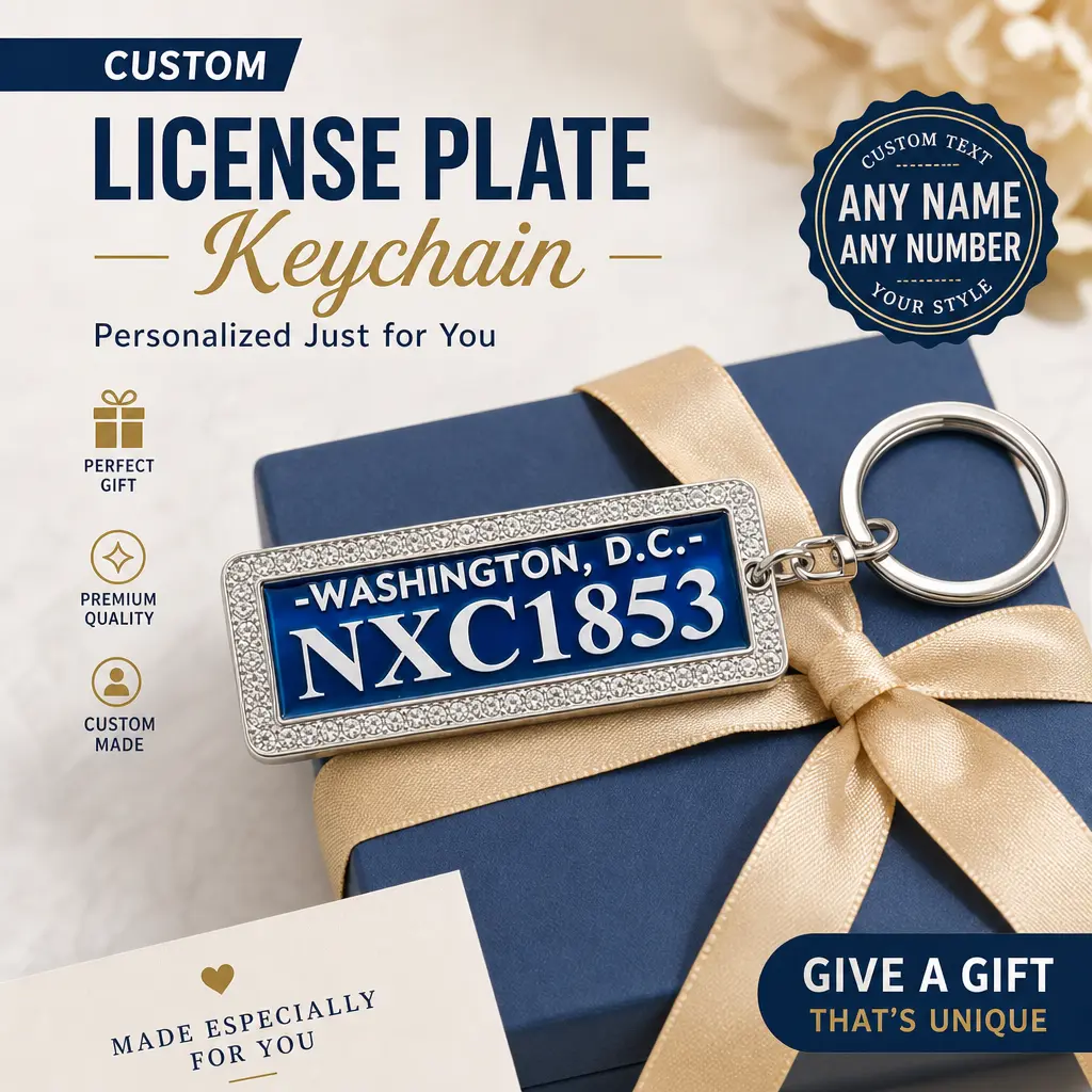 Trendy Bling Personalized Blue License Plate Keychain, Full Diamond Surround Frame, Custom Engraved Safe Drive Text & Car Plate Number, Smooth Swivel Connector Wear-Resistant Split Key Ring Trendy Custom Car Accessory For Men & Women Drivers