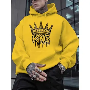 [King Crown Print Hoodie] 100% Polyester Men's Casual King Crown Print Hoodie | Long Sleeve Sweatshirt, Winter Knit Fabric with Slight Stretch, Regular Fit Hooded Top, 200g/m² - Trendy American Style Clothing Gift Menswear Black