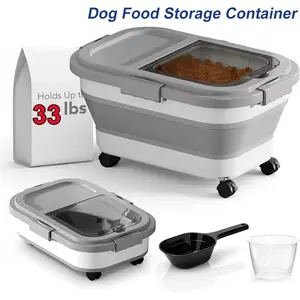 Foldable Pet Food Storage Container Set 30lb with Airtight Lid Wheels Measuring Cup & Scoop for Dog Cat Food Portable Travel Fishin
