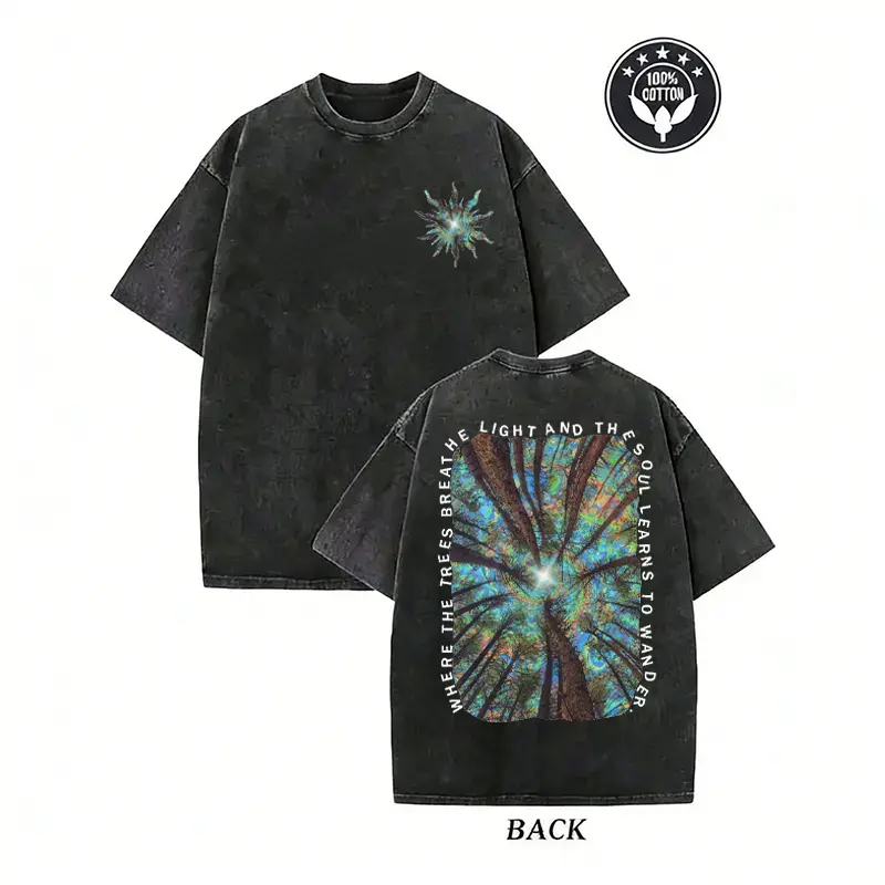 Women's Retro Acid Wash Graphic T-shirt |   Oversized Fit Short Sleeve Top with a Spiritual Psychedelic Forest Print