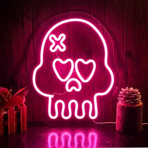 11.4*9.4 in Skull Neon Sign Pink LED Light Sign Skeleton Head with Scar for Festival Party Room Decor Wall Art