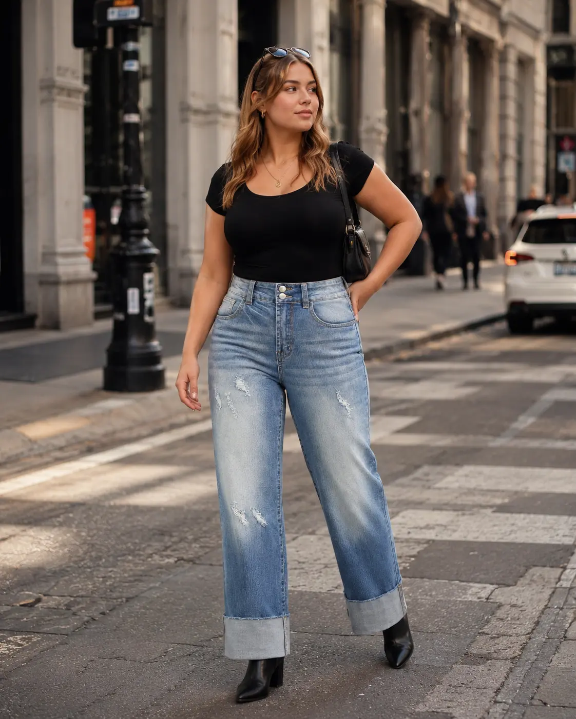 elengatine Women's Casual High Waist Wide Leg Jeans, Distressed Light Wash Stretch Denim with a Double Button and Cuffed Hem, Fashion, Style, Jean Pants, Elastane, Holiday, Chic Retro, All Season, Denim Blend, Everyday, High-Rise Wide Leg Jeans