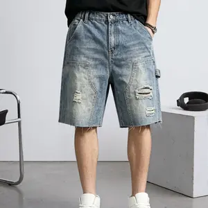 Men's Vintage Washed Distressed Denim Shorts Loose Fit Raw Hem Multi‑Pocket Streetwear Knee Length Casual Summer Jorts