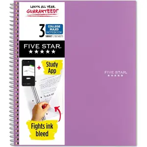 Five Star Spiral Notebook + Study App, 3 Subject, College Ruled Paper, Fights Ink Bleed, Water Resistant Cover, 8-1\/2" x 11", 150 Sheets, Purple (38746)