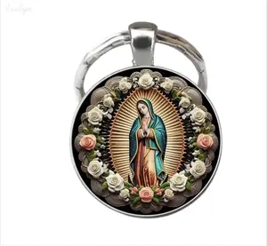 Our Lady of Guadalupe Keychain, Religious Floral Art Charm, Silver Tone Key Ring Accessory for Believers & Gift Giving