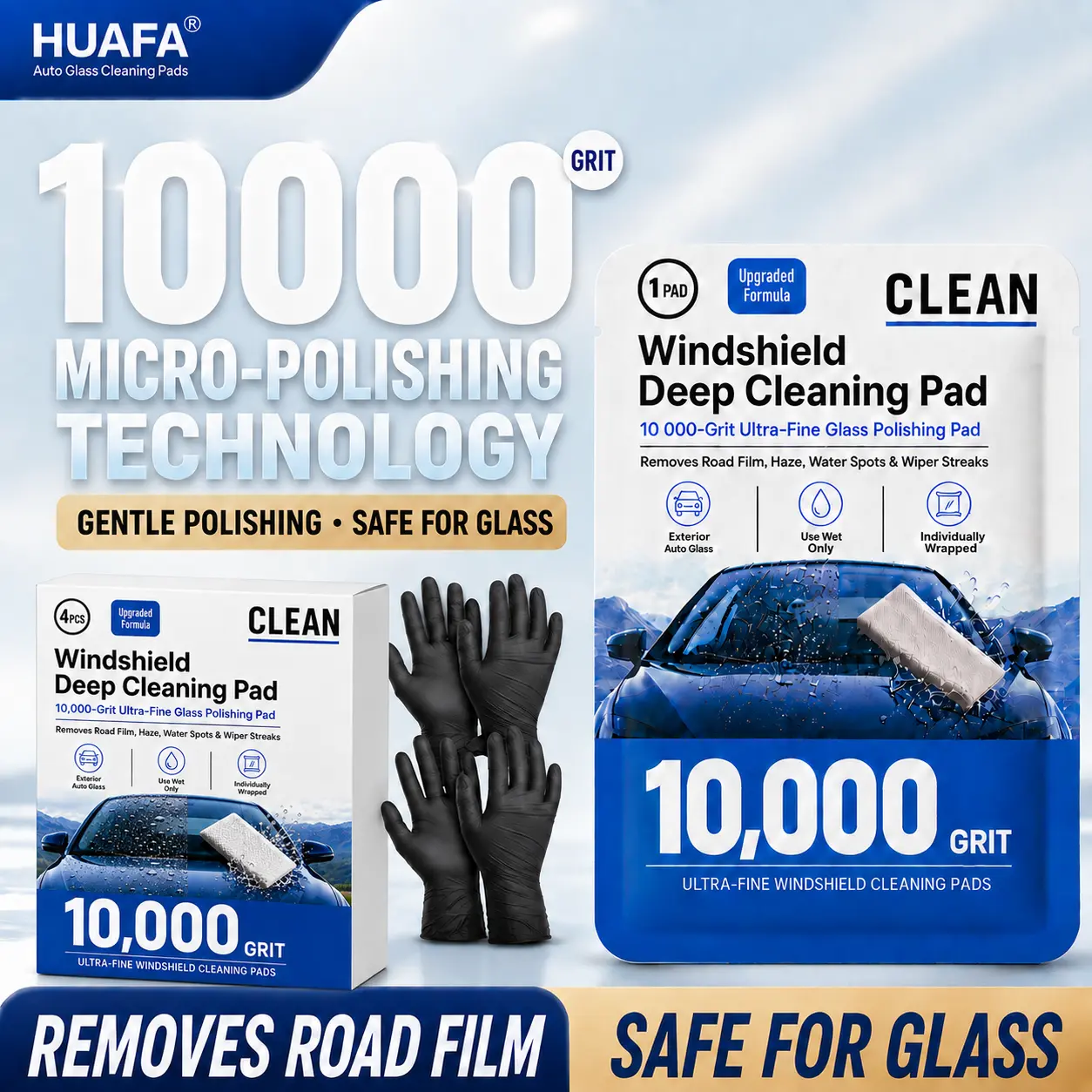 10,000 Grit Windshield Deep Cleaning Pads, 4PCS Auto Glass Polishing Wipes with 2 Pairs Nitrile Gloves, Removes Road Film, Oily Film, Haze, Water Spots & Wiper Streaks, Gentle Exterior Car Window Glass Cleaner
