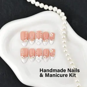 Acrylic Nails Handmade 3D Flower White French Reusable Press On Nails - Salon-Grade Custom Medium Length Fake Nails for Women