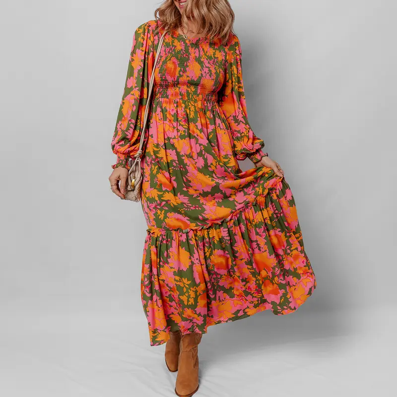 Asvivid Women's Floral Print Puff Sleeve Smocked Bodice Ruffled Long Dress With Pockets Casual Boho Bohemian Style Dresses