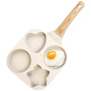 4 Holes Granite Non-stick Egg Frying Pan, Multi-functional Breakfast Skillet with Anti-scald Wooden Handle, Easy Clean Medical Stone Omelet Cookware, Durable Small Kitchen Gadget for Eggs Pancakes Bacon