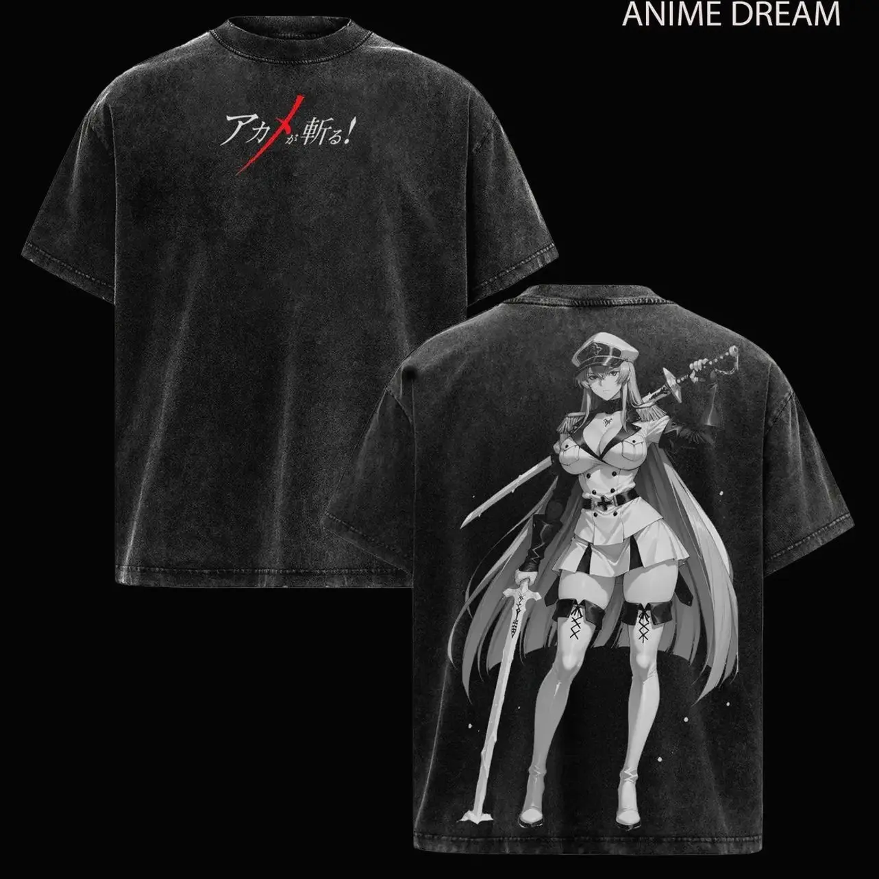 Esdeath Akame ga Kill! Anime Double Printed Vintage Washed Tee Unisex Oversize Anime Manga Washed Heavyweight Cotton T-shirt RCH