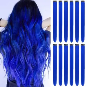 12 blue hair extensions clip in colored party highlights extension for synthetic straight 22 inch