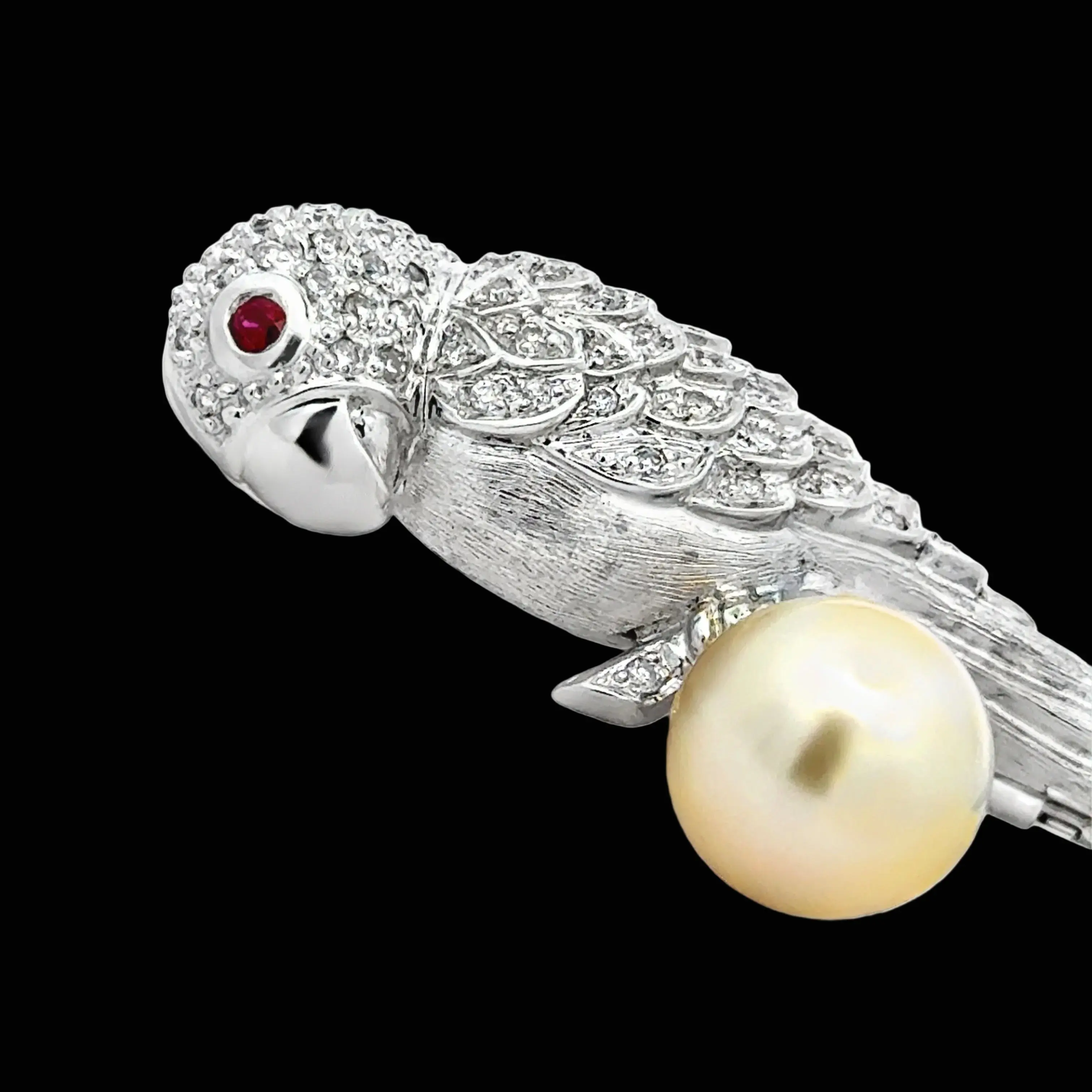 Modern Estate Diamond and South Sea Peal, Ruby 18Kt White Gold Parrot Brooch