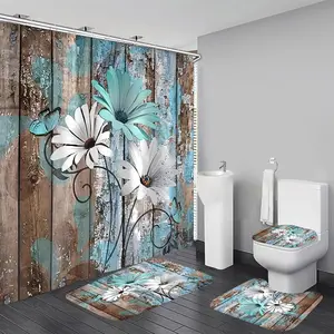 Farmhouse Flower Floral Shower Curtain Set 4pcs Rustic Teal Turquoise Daisy Bathroom Accessory Set with Rugs and 12 Hooks